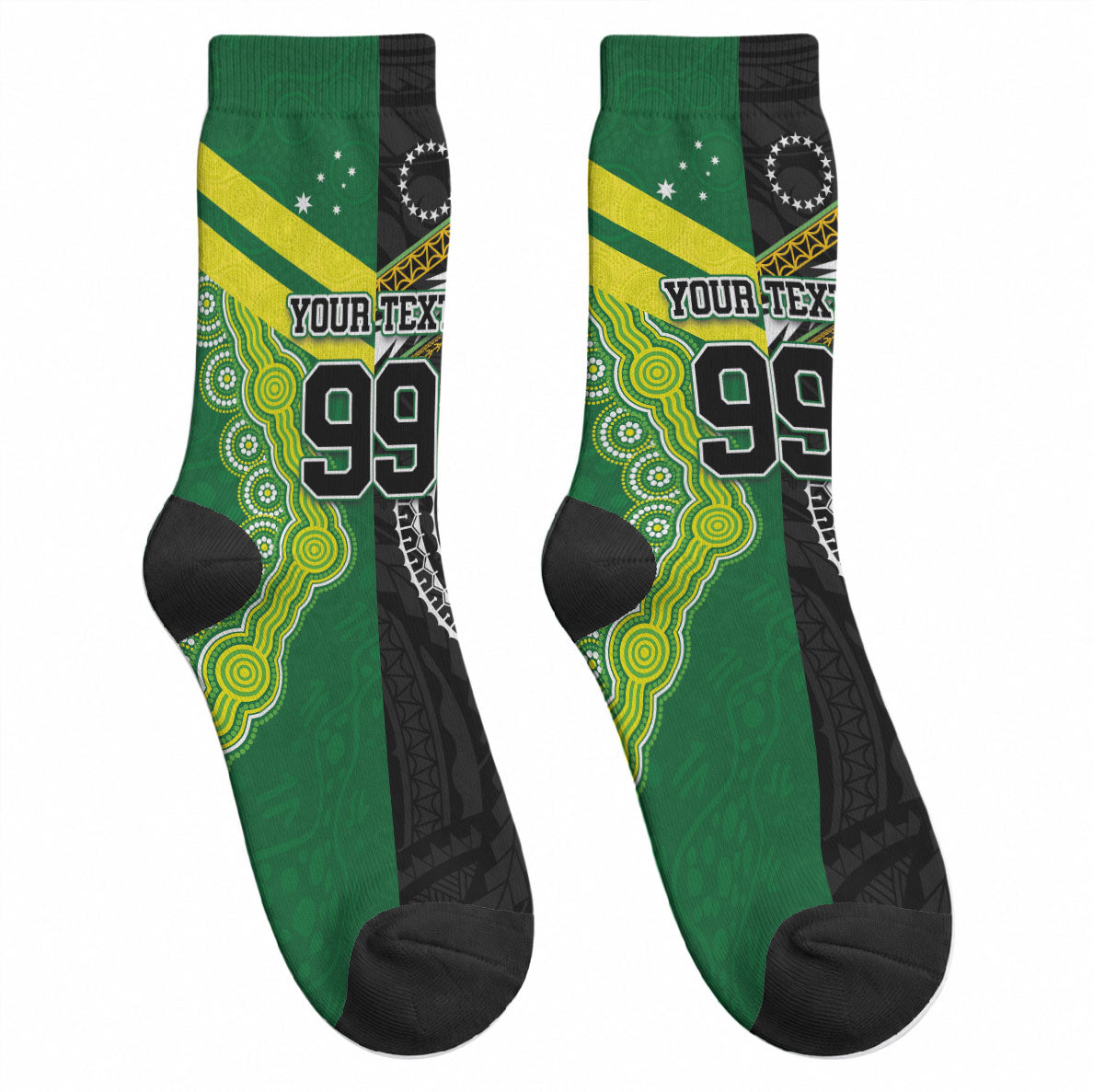 Custom Rugby Cook Islands and Australia Crew Socks Tatau Tribal with Aboriginal Chevron Sport Style