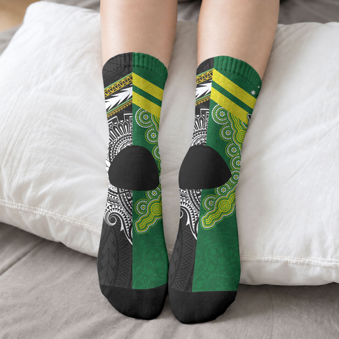 Custom Rugby Cook Islands and Australia Crew Socks Tatau Tribal with Aboriginal Chevron Sport Style