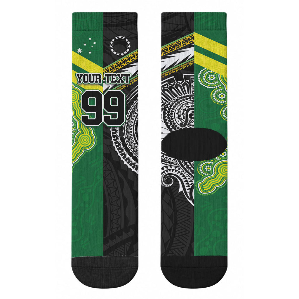 Custom Rugby Cook Islands and Australia Crew Socks Tatau Tribal with Aboriginal Chevron Sport Style