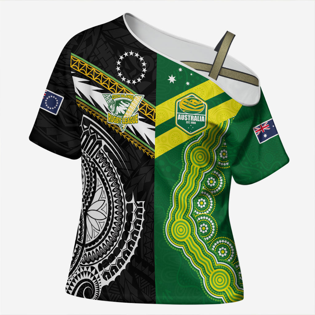 Custom Rugby Cook Islands and Australia Cross Shoulder Shirt Tatau Tribal with Aboriginal Chevron Sport Style