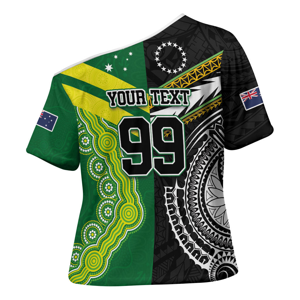 Custom Rugby Cook Islands and Australia Cross Shoulder Shirt Tatau Tribal with Aboriginal Chevron Sport Style