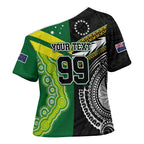 Custom Rugby Cook Islands and Australia Cross Shoulder Shirt Tatau Tribal with Aboriginal Chevron Sport Style