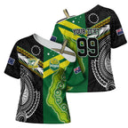 Custom Rugby Cook Islands and Australia Cross Shoulder Shirt Tatau Tribal with Aboriginal Chevron Sport Style