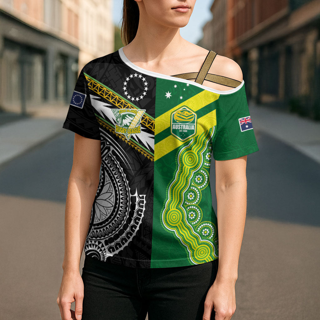 Custom Rugby Cook Islands and Australia Cross Shoulder Shirt Tatau Tribal with Aboriginal Chevron Sport Style