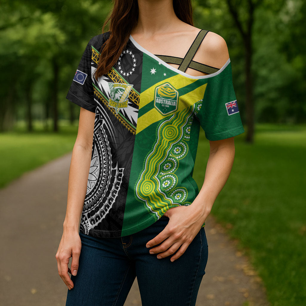 Custom Rugby Cook Islands and Australia Cross Shoulder Shirt Tatau Tribal with Aboriginal Chevron Sport Style