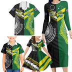 Custom Rugby Cook Islands and Australia Family Matching Long Sleeve Bodycon Dress and Hawaiian Shirt Tatau Tribal with Aboriginal Chevron Sport Style