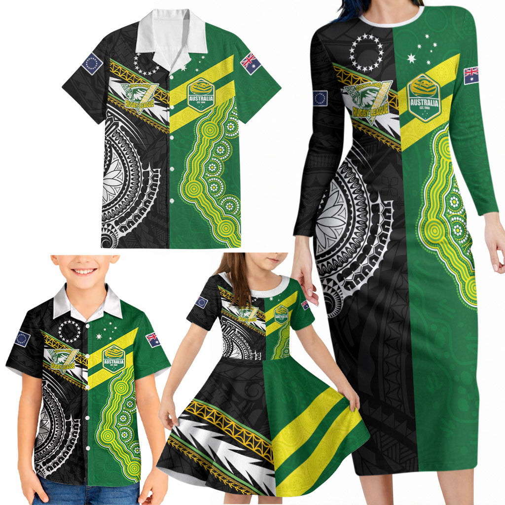 Custom Rugby Cook Islands and Australia Family Matching Long Sleeve Bodycon Dress and Hawaiian Shirt Tatau Tribal with Aboriginal Chevron Sport Style
