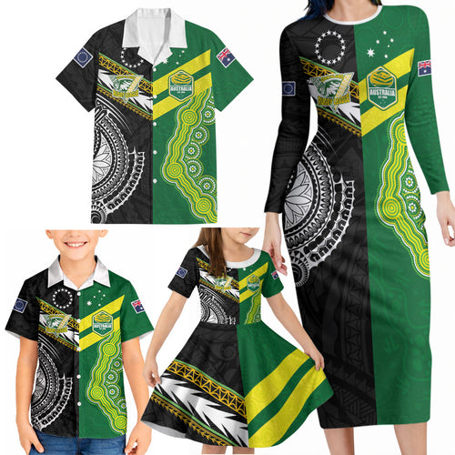 Custom Rugby Cook Islands and Australia Family Matching Long Sleeve Bodycon Dress and Hawaiian Shirt Tatau Tribal with Aboriginal Chevron Sport Style