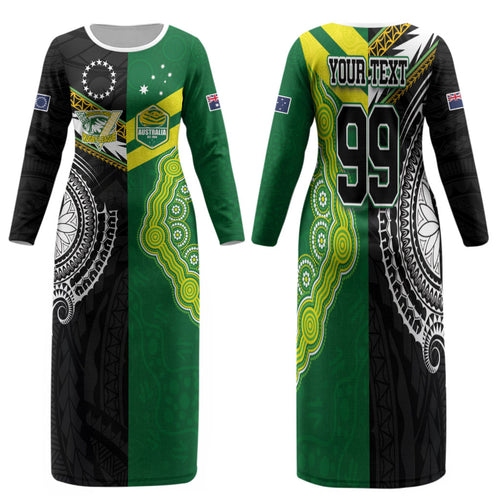 Custom Rugby Cook Islands and Australia Family Matching Long Sleeve Bodycon Dress and Hawaiian Shirt Tatau Tribal with Aboriginal Chevron Sport Style