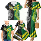 Custom Rugby Cook Islands and Australia Family Matching Mermaid Dress and Hawaiian Shirt Tatau Tribal with Aboriginal Chevron Sport Style