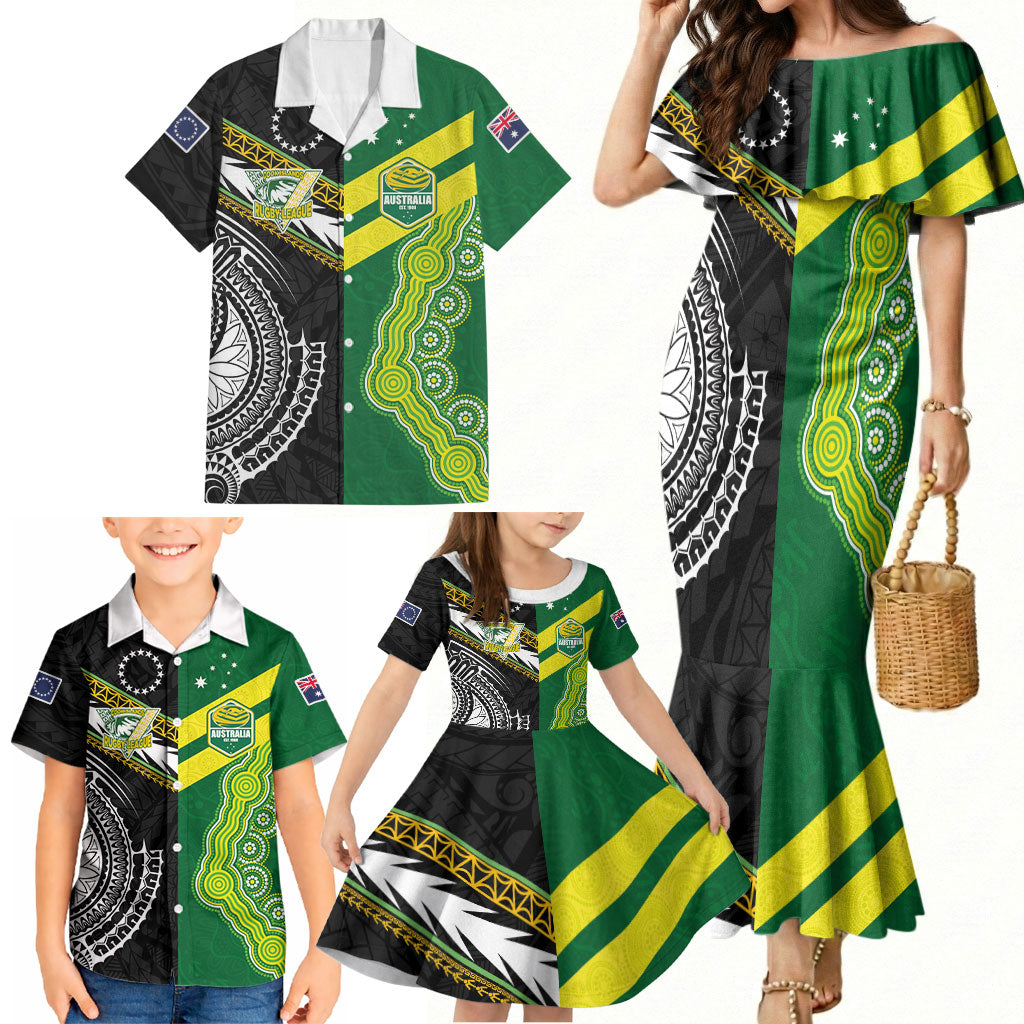 Custom Rugby Cook Islands and Australia Family Matching Mermaid Dress and Hawaiian Shirt Tatau Tribal with Aboriginal Chevron Sport Style