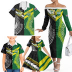 Custom Rugby Cook Islands and Australia Family Matching Off The Shoulder Long Sleeve Dress and Hawaiian Shirt Tatau Tribal with Aboriginal Chevron Sport Style