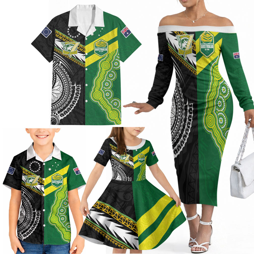 Custom Rugby Cook Islands and Australia Family Matching Off The Shoulder Long Sleeve Dress and Hawaiian Shirt Tatau Tribal with Aboriginal Chevron Sport Style