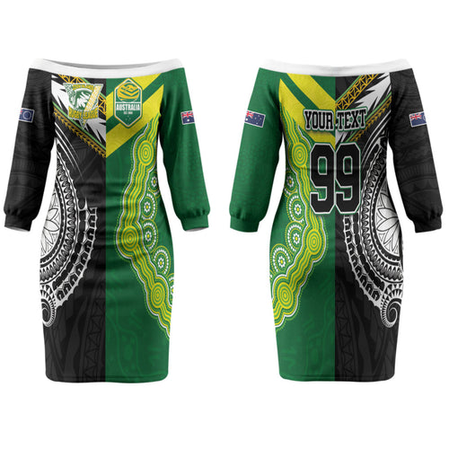 Custom Rugby Cook Islands and Australia Family Matching Off The Shoulder Long Sleeve Dress and Hawaiian Shirt Tatau Tribal with Aboriginal Chevron Sport Style