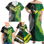 Custom Rugby Cook Islands and Australia Family Matching Off Shoulder Maxi Dress and Hawaiian Shirt Tatau Tribal with Aboriginal Chevron Sport Style