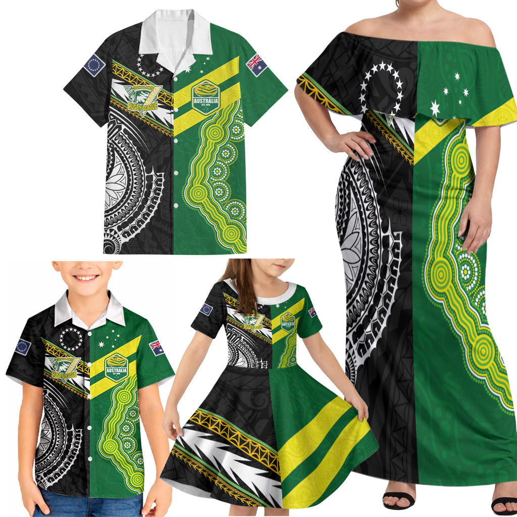 Custom Rugby Cook Islands and Australia Family Matching Off Shoulder Maxi Dress and Hawaiian Shirt Tatau Tribal with Aboriginal Chevron Sport Style