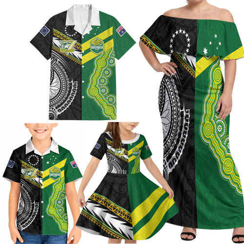Custom Rugby Cook Islands and Australia Family Matching Off Shoulder Maxi Dress and Hawaiian Shirt Tatau Tribal with Aboriginal Chevron Sport Style