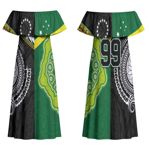 Custom Rugby Cook Islands and Australia Family Matching Off Shoulder Maxi Dress and Hawaiian Shirt Tatau Tribal with Aboriginal Chevron Sport Style