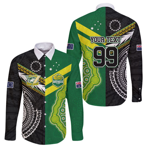 Custom Rugby Cook Islands and Australia Family Matching Off Shoulder Maxi Dress and Hawaiian Shirt Tatau Tribal with Aboriginal Chevron Sport Style