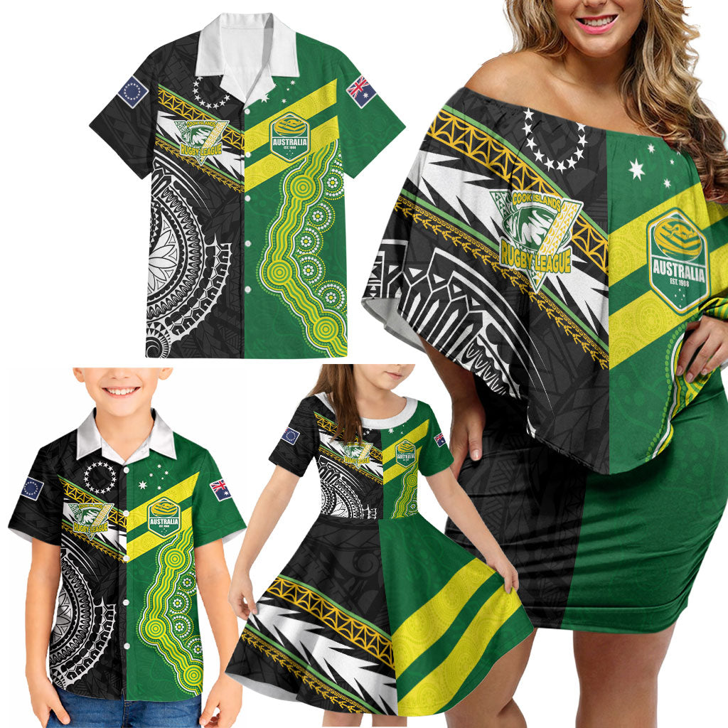 Custom Rugby Cook Islands and Australia Family Matching Off Shoulder Short Dress and Hawaiian Shirt Tatau Tribal with Aboriginal Chevron Sport Style