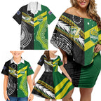 Custom Rugby Cook Islands and Australia Family Matching Off Shoulder Short Dress and Hawaiian Shirt Tatau Tribal with Aboriginal Chevron Sport Style