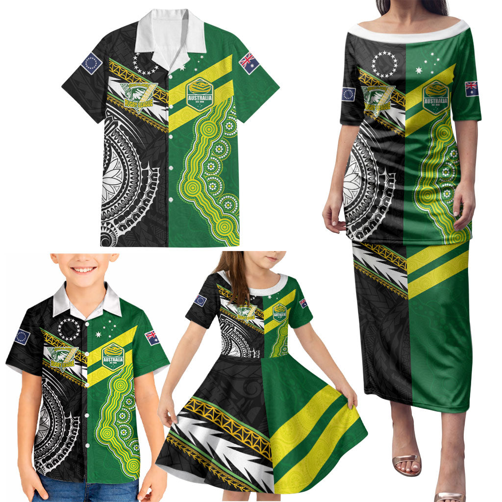 Custom Rugby Cook Islands and Australia Family Matching Puletasi and Hawaiian Shirt Tatau Tribal with Aboriginal Chevron Sport Style