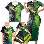 Custom Rugby Cook Islands and Australia Family Matching Short Sleeve Bodycon Dress and Hawaiian Shirt Tatau Tribal with Aboriginal Chevron Sport Style