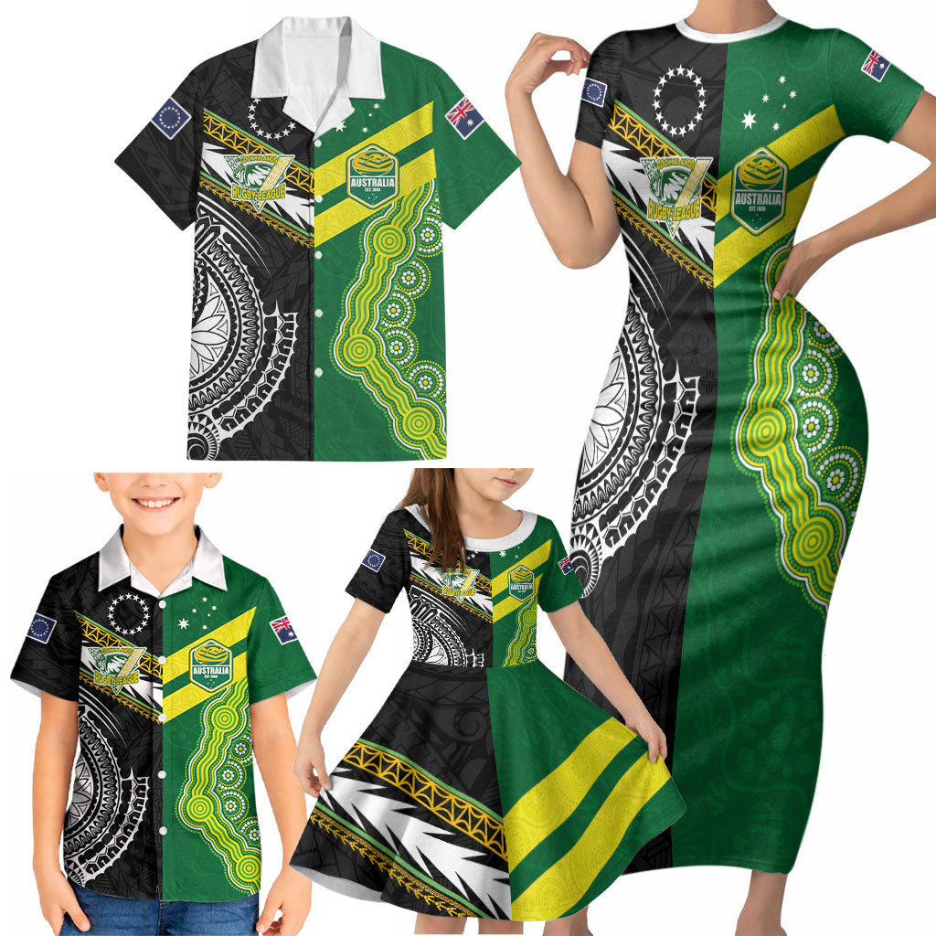 Custom Rugby Cook Islands and Australia Family Matching Short Sleeve Bodycon Dress and Hawaiian Shirt Tatau Tribal with Aboriginal Chevron Sport Style