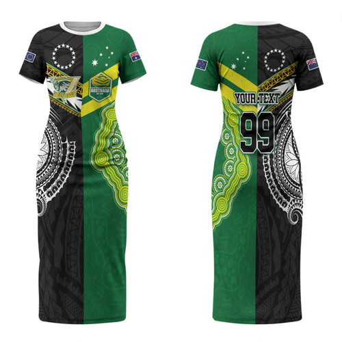 Custom Rugby Cook Islands and Australia Family Matching Short Sleeve Bodycon Dress and Hawaiian Shirt Tatau Tribal with Aboriginal Chevron Sport Style