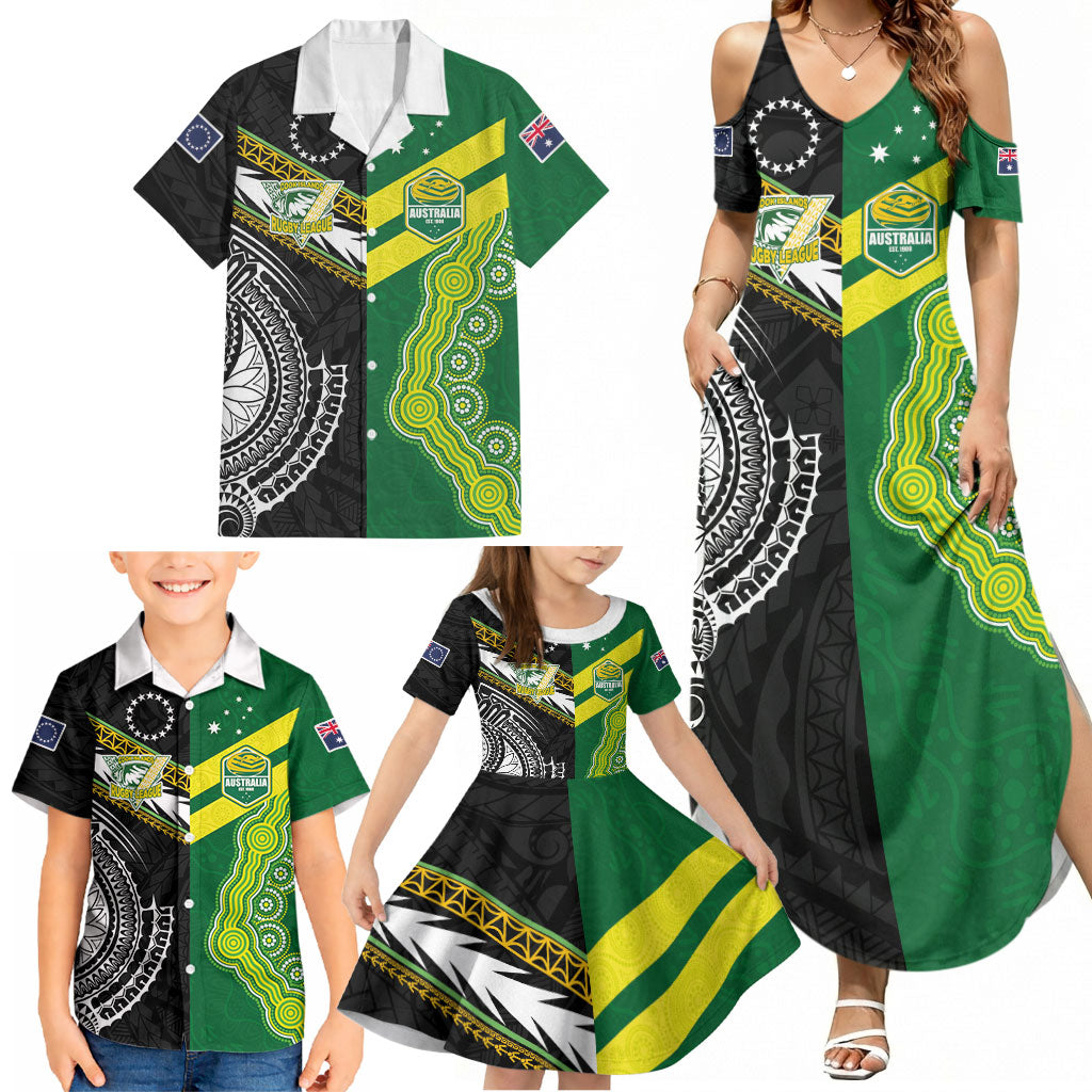 Custom Rugby Cook Islands and Australia Family Matching Summer Maxi Dress and Hawaiian Shirt Tatau Tribal with Aboriginal Chevron Sport Style