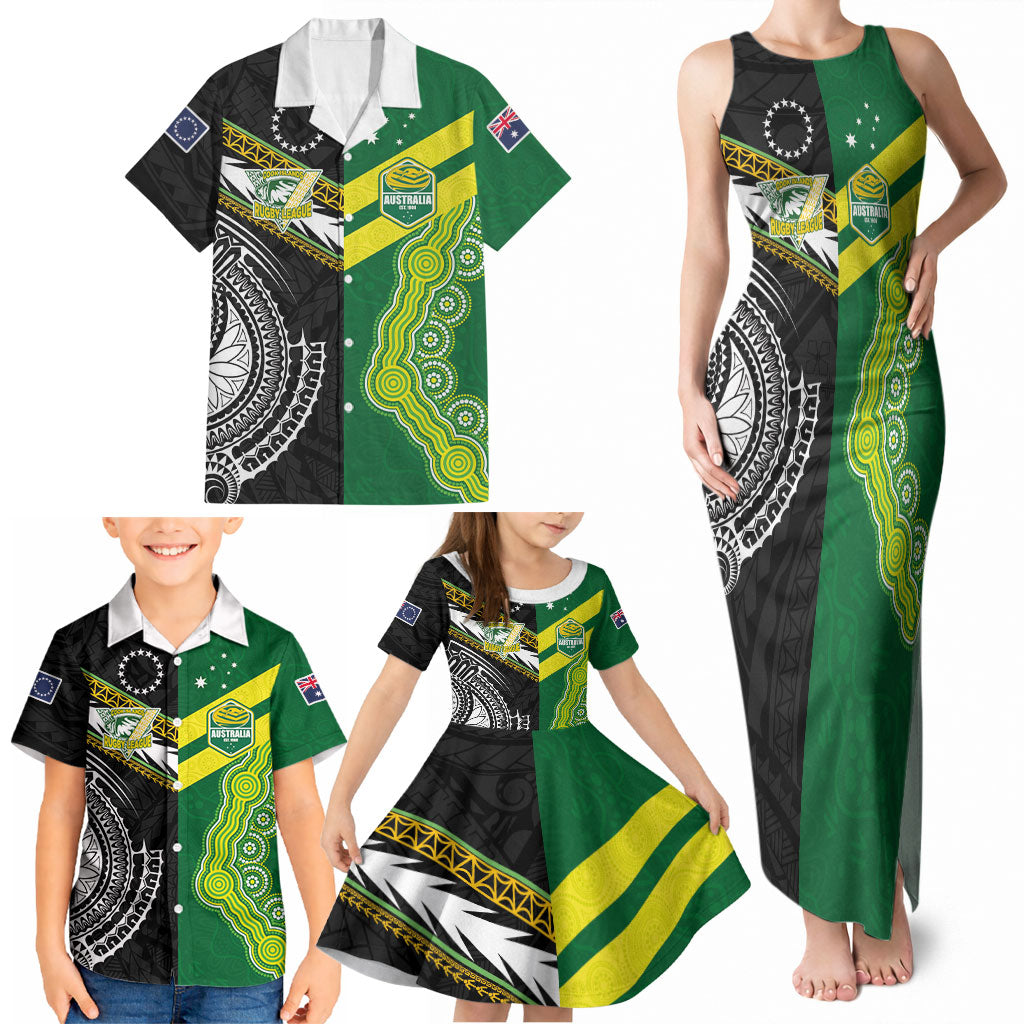 Custom Rugby Cook Islands and Australia Family Matching Tank Maxi Dress and Hawaiian Shirt Tatau Tribal with Aboriginal Chevron Sport Style