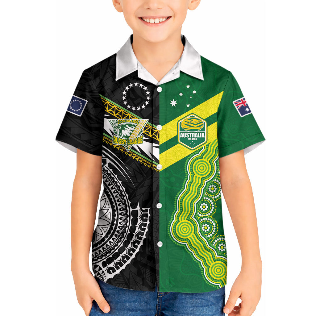 Custom Rugby Cook Islands and Australia Kid Hawaiian Shirt Tatau Tribal with Aboriginal Chevron Sport Style