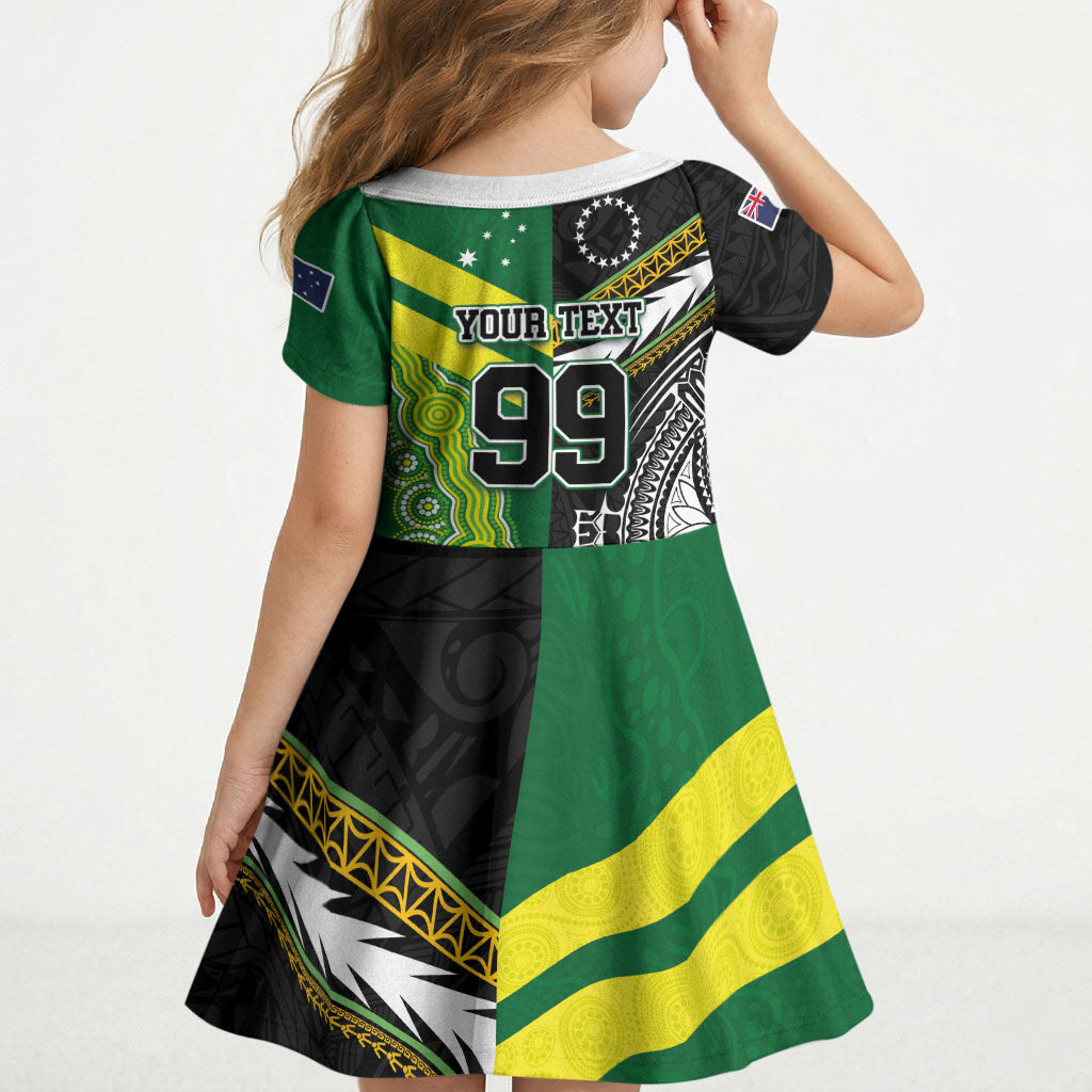 Custom Rugby Cook Islands and Australia Kid Short Sleeve Dress Tatau Tribal with Aboriginal Chevron Sport Style