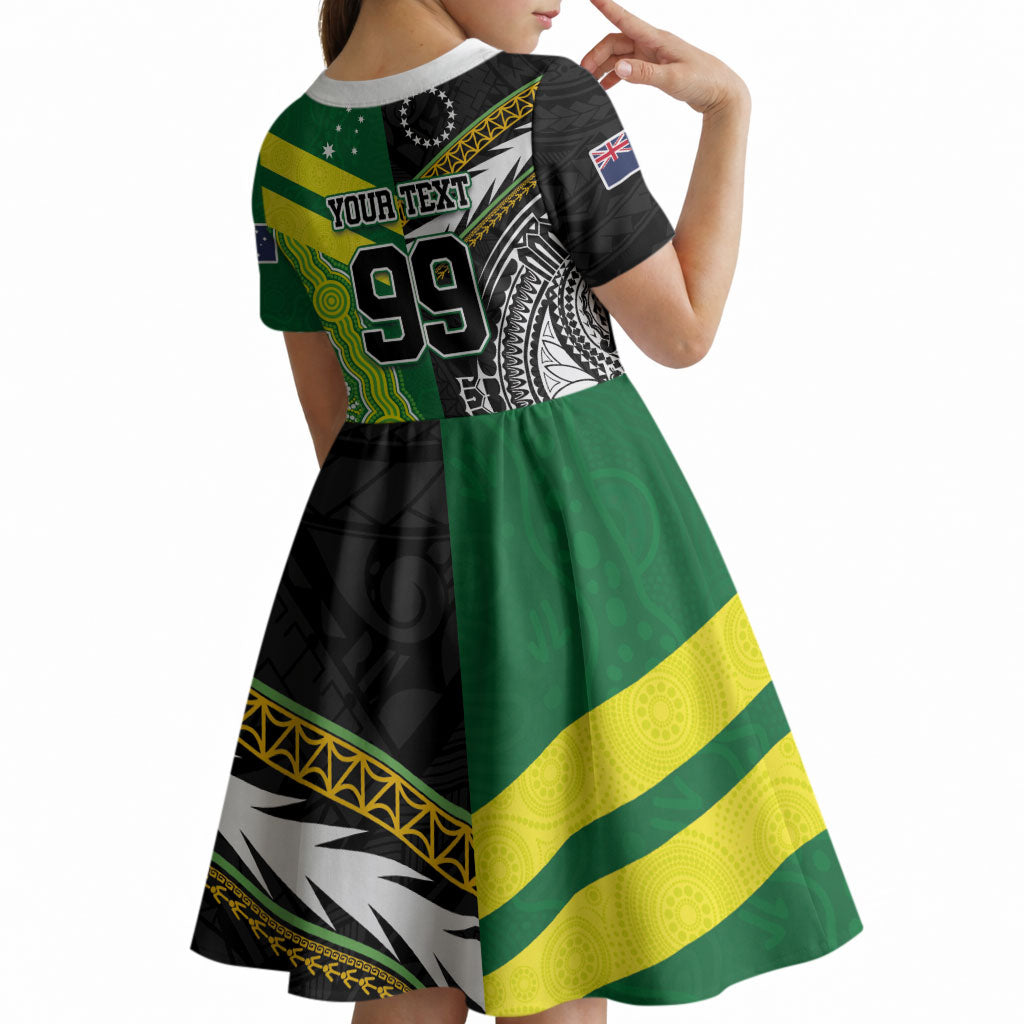 Custom Rugby Cook Islands and Australia Kid Short Sleeve Dress Tatau Tribal with Aboriginal Chevron Sport Style