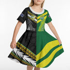 Custom Rugby Cook Islands and Australia Kid Short Sleeve Dress Tatau Tribal with Aboriginal Chevron Sport Style