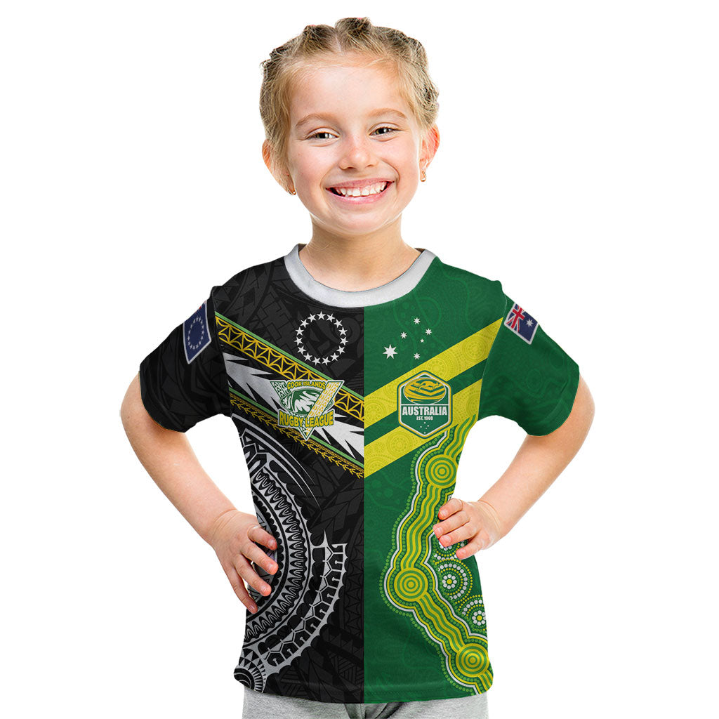 Custom Rugby Cook Islands and Australia Kid T Shirt Tatau Tribal with Aboriginal Chevron Sport Style