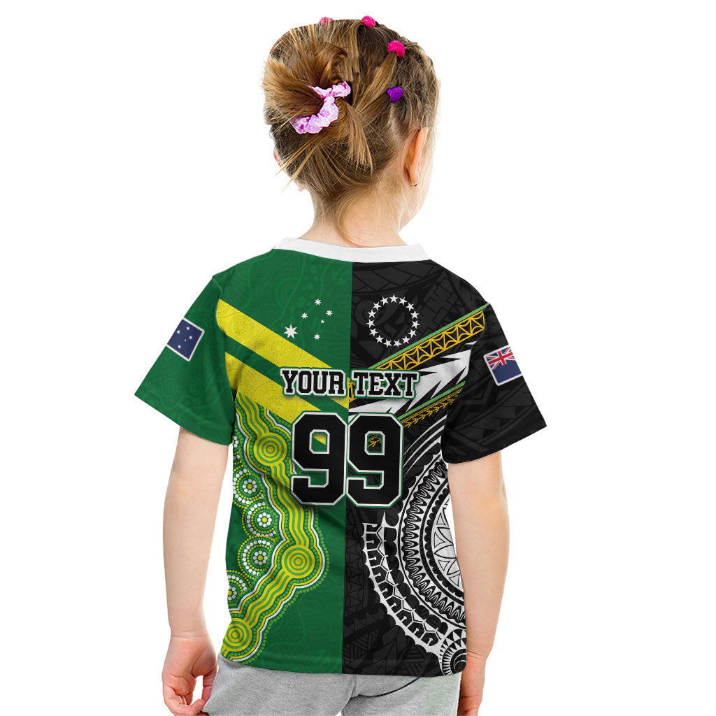 Custom Rugby Cook Islands and Australia Kid T Shirt Tatau Tribal with Aboriginal Chevron Sport Style