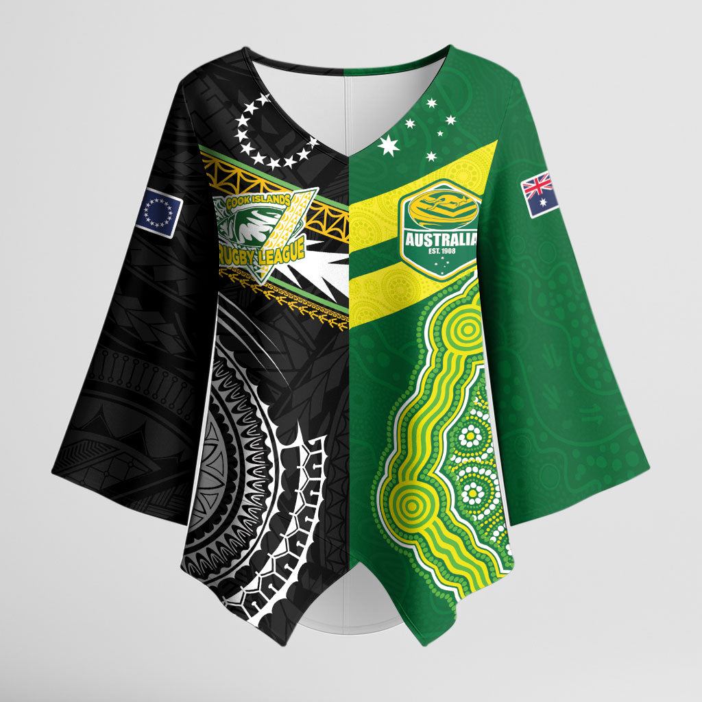 Custom Rugby Cook Islands and Australia Kimono Sleeve Blouse Tatau Tribal with Aboriginal Chevron Sport Style