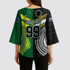 Custom Rugby Cook Islands and Australia Kimono Sleeve Blouse Tatau Tribal with Aboriginal Chevron Sport Style