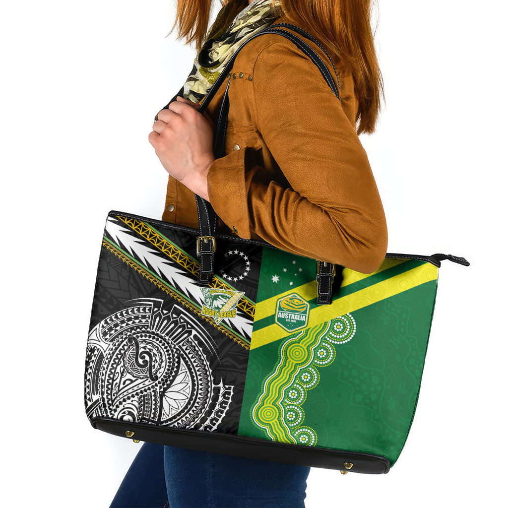Rugby Cook Islands and Australia Leather Tote Bag Tatau Tribal with Aboriginal Chevron Sport Style