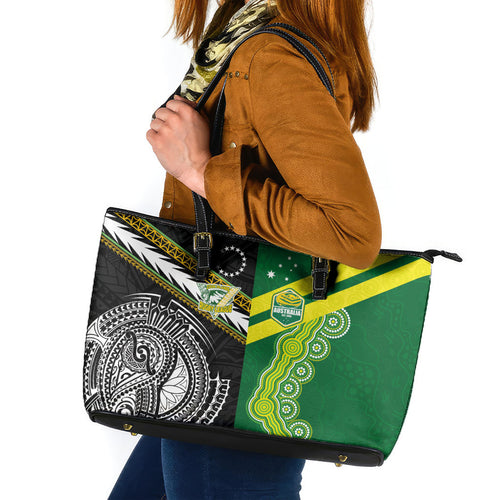 Rugby Cook Islands and Australia Leather Tote Bag Tatau Tribal with Aboriginal Chevron Sport Style