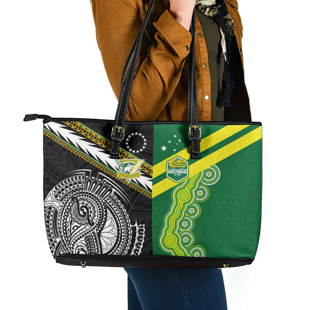 Rugby Cook Islands and Australia Leather Tote Bag Tatau Tribal with Aboriginal Chevron Sport Style