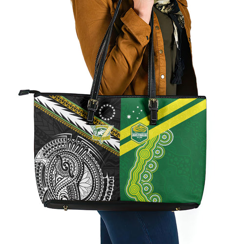 Rugby Cook Islands and Australia Leather Tote Bag Tatau Tribal with Aboriginal Chevron Sport Style