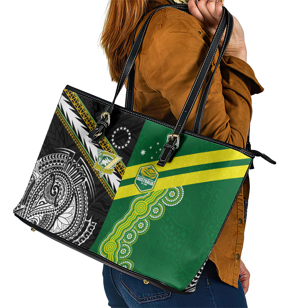 Rugby Cook Islands and Australia Leather Tote Bag Tatau Tribal with Aboriginal Chevron Sport Style