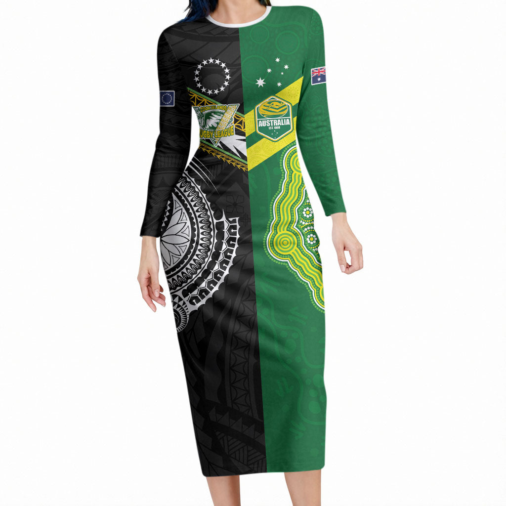 Custom Rugby Cook Islands and Australia Long Sleeve Bodycon Dress Tatau Tribal with Aboriginal Chevron Sport Style