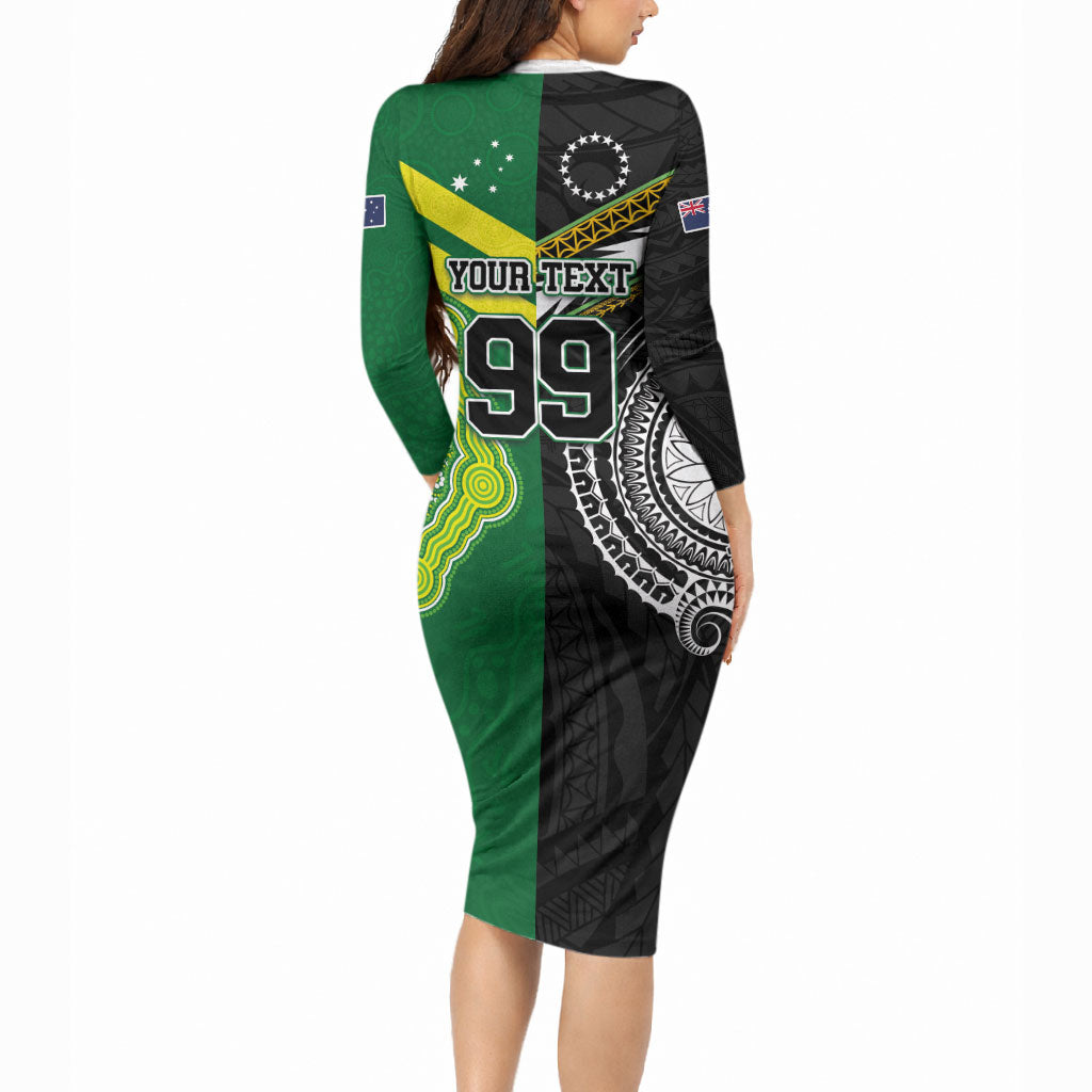 Custom Rugby Cook Islands and Australia Long Sleeve Bodycon Dress Tatau Tribal with Aboriginal Chevron Sport Style