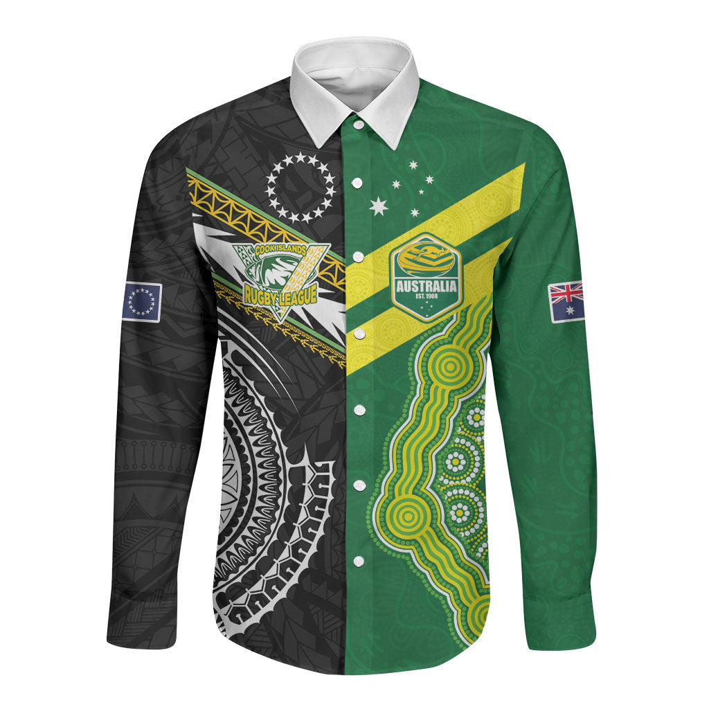 Custom Rugby Cook Islands and Australia Long Sleeve Button Shirt Tatau Tribal with Aboriginal Chevron Sport Style