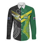 Custom Rugby Cook Islands and Australia Long Sleeve Button Shirt Tatau Tribal with Aboriginal Chevron Sport Style