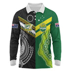 Custom Rugby Cook Islands and Australia Long Sleeve Polo Shirt Tatau Tribal with Aboriginal Chevron Sport Style