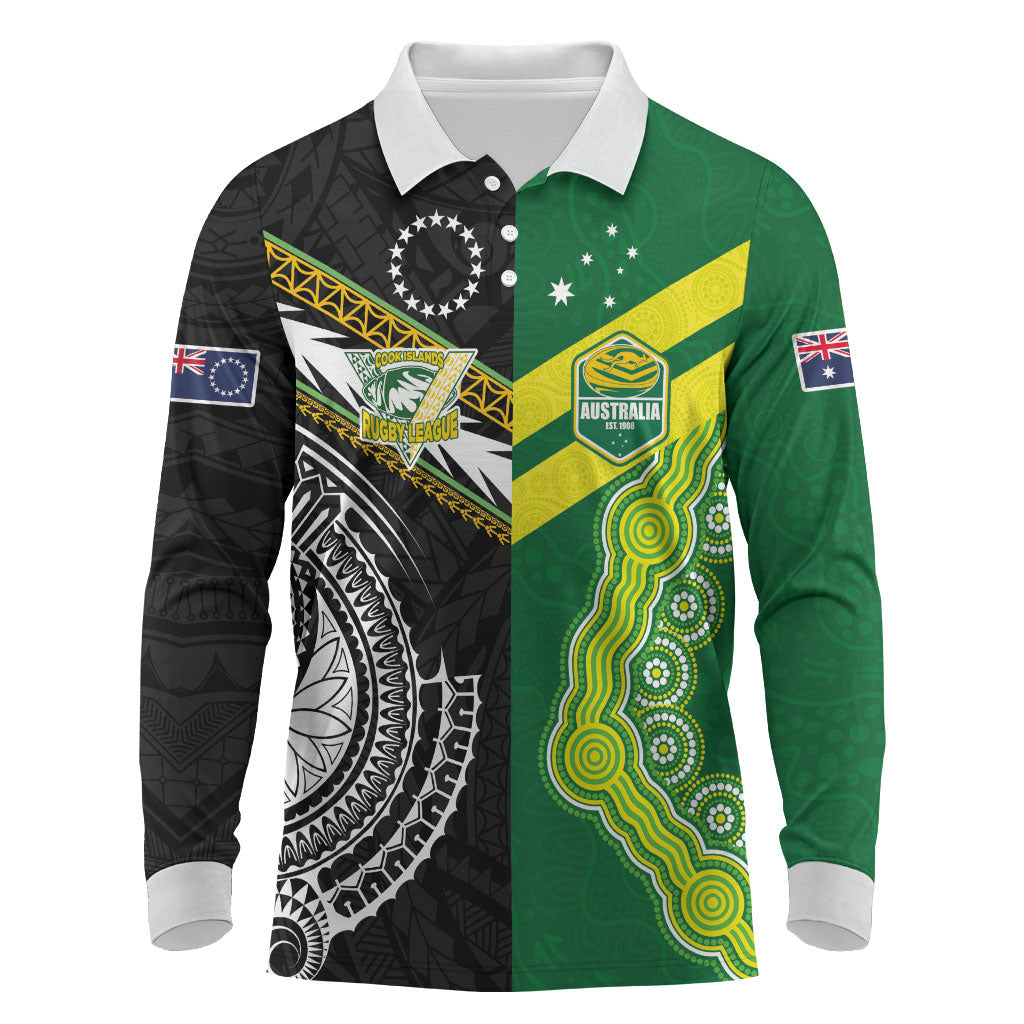 Custom Rugby Cook Islands and Australia Long Sleeve Polo Shirt Tatau Tribal with Aboriginal Chevron Sport Style